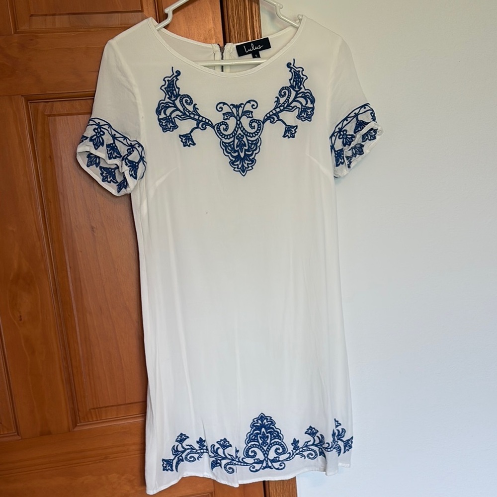Lulu's White and Blue Embroidered Mini Dress